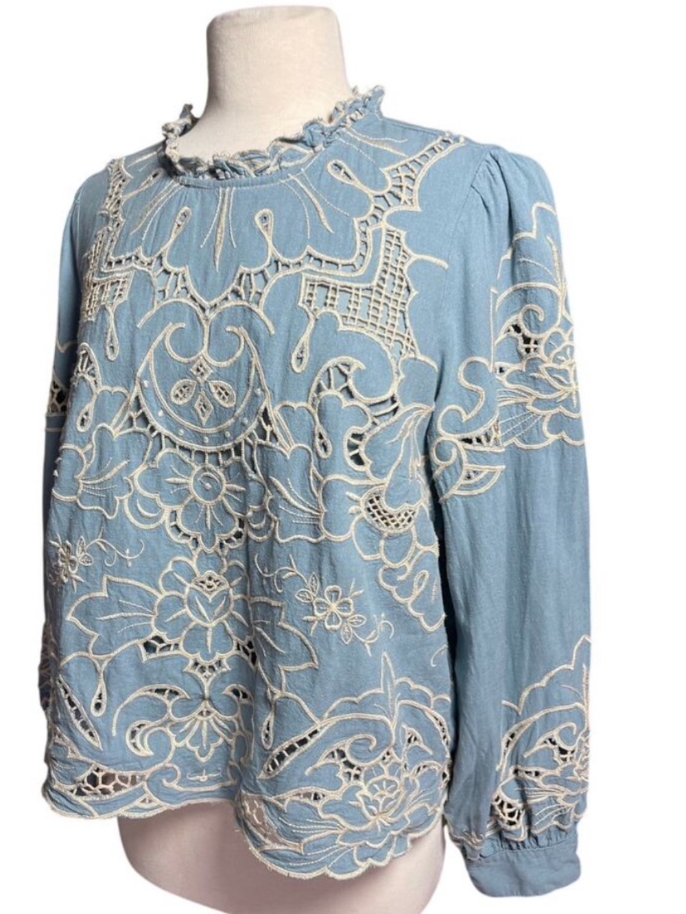 ANTHROPOLOGIE Women's Boho Lainie Linen Blend Blue Eyelet Cutout Top Large - Picture 4 of 9